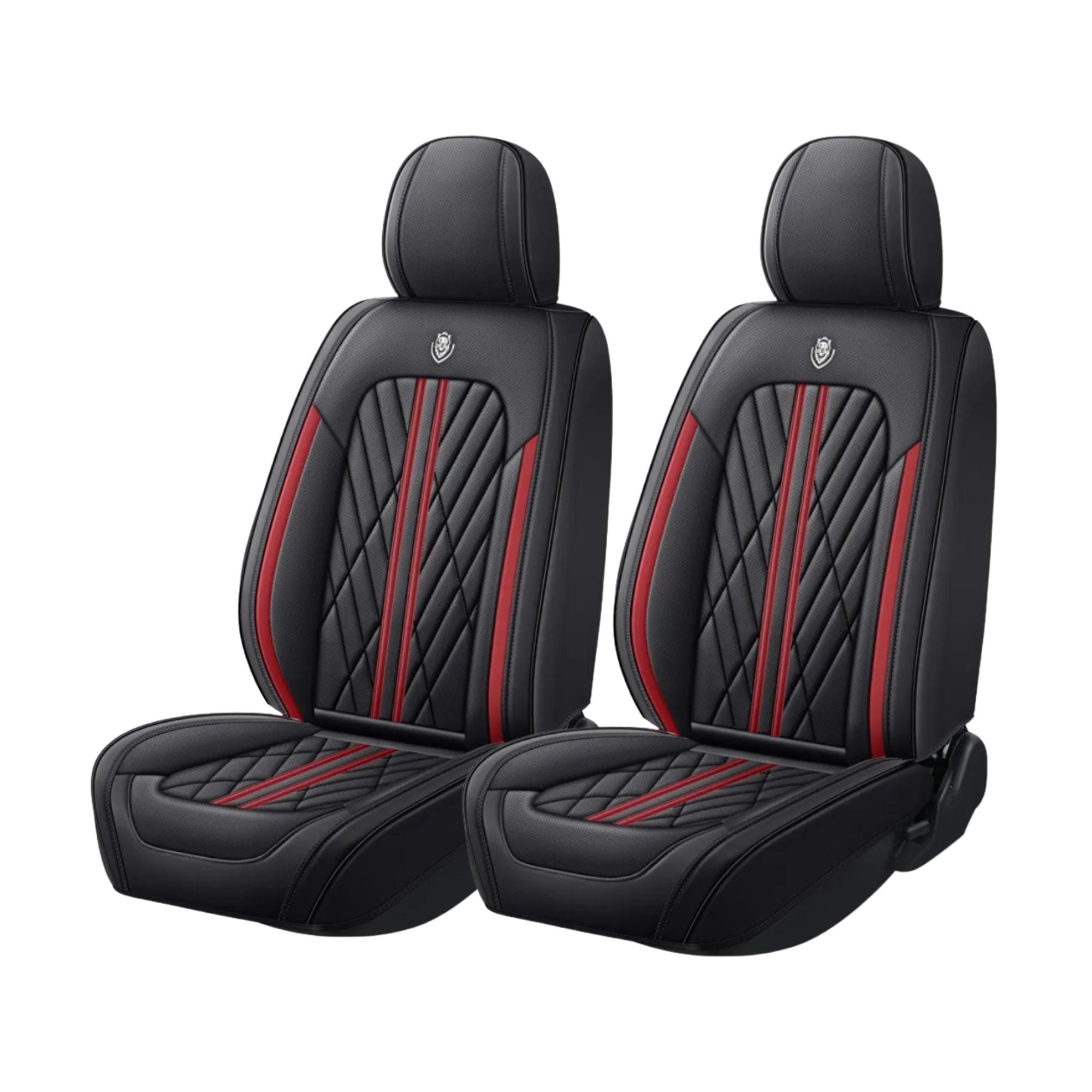 Black and red Nappa-feel leather Universal Leather Seat Cover shown as front pair on white background with contrast red piping