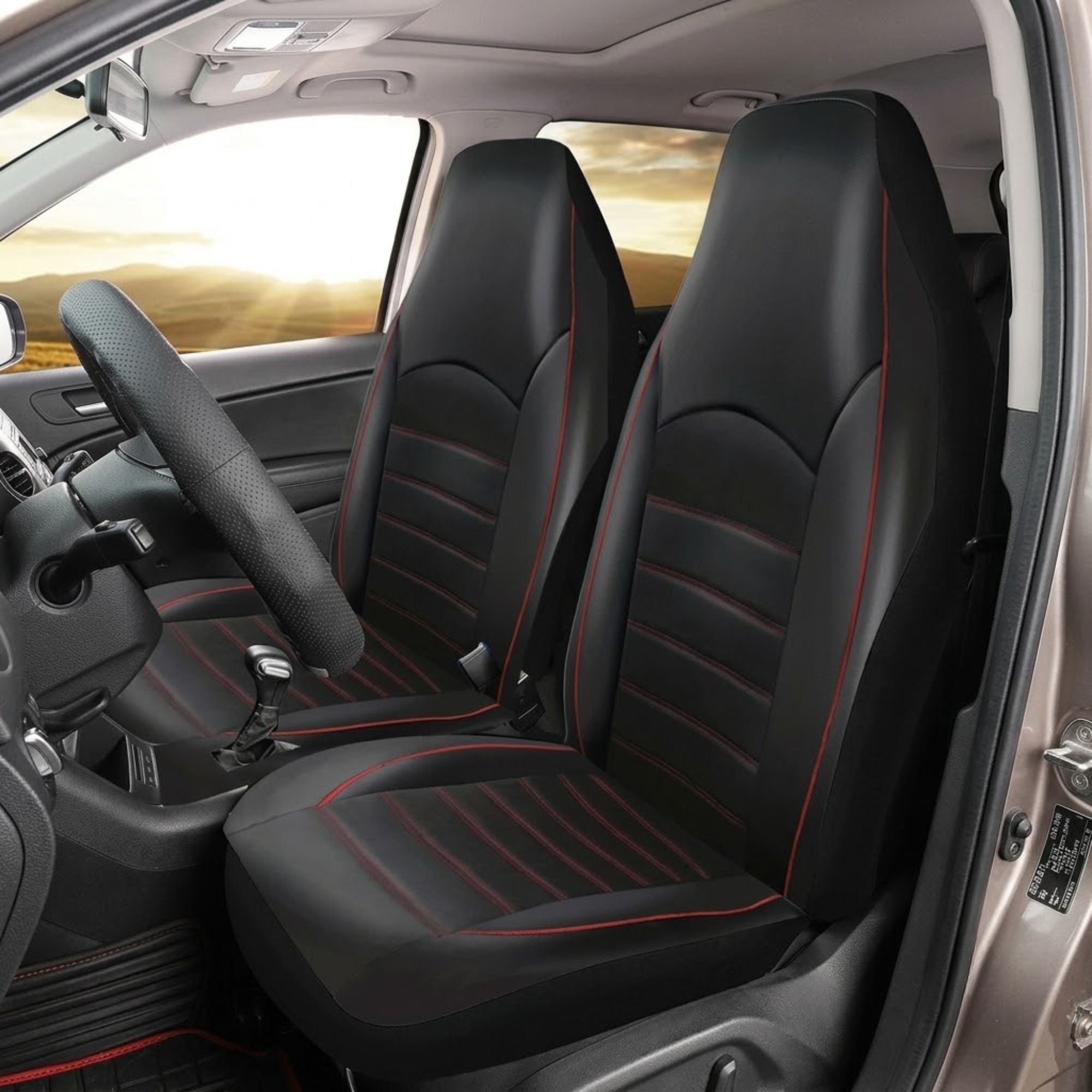 Black and red Leather-Style Car Seat Covers fitted in a vehicle interior
