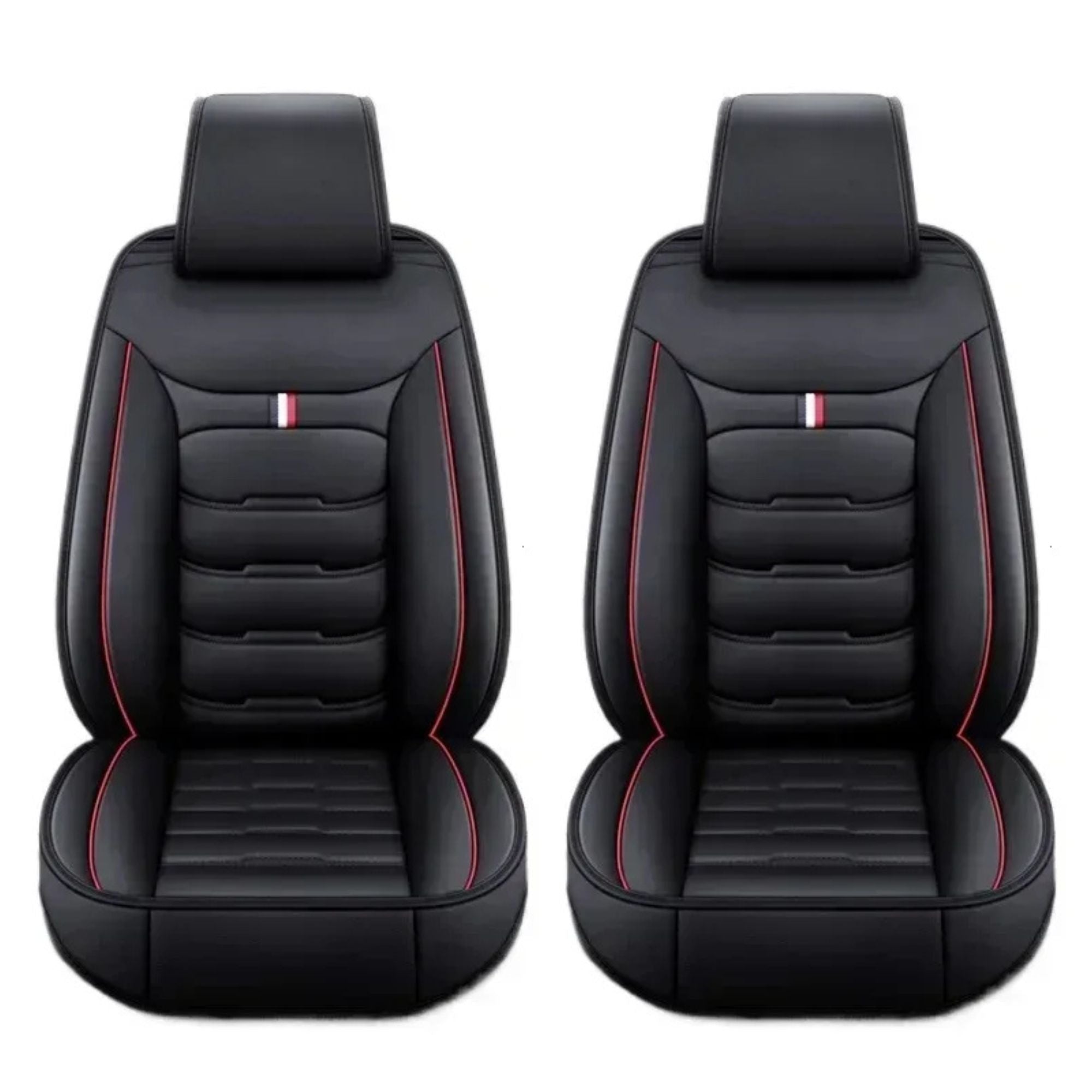 Black and red PU Leather Front Pair Car Seat Covers on a white background