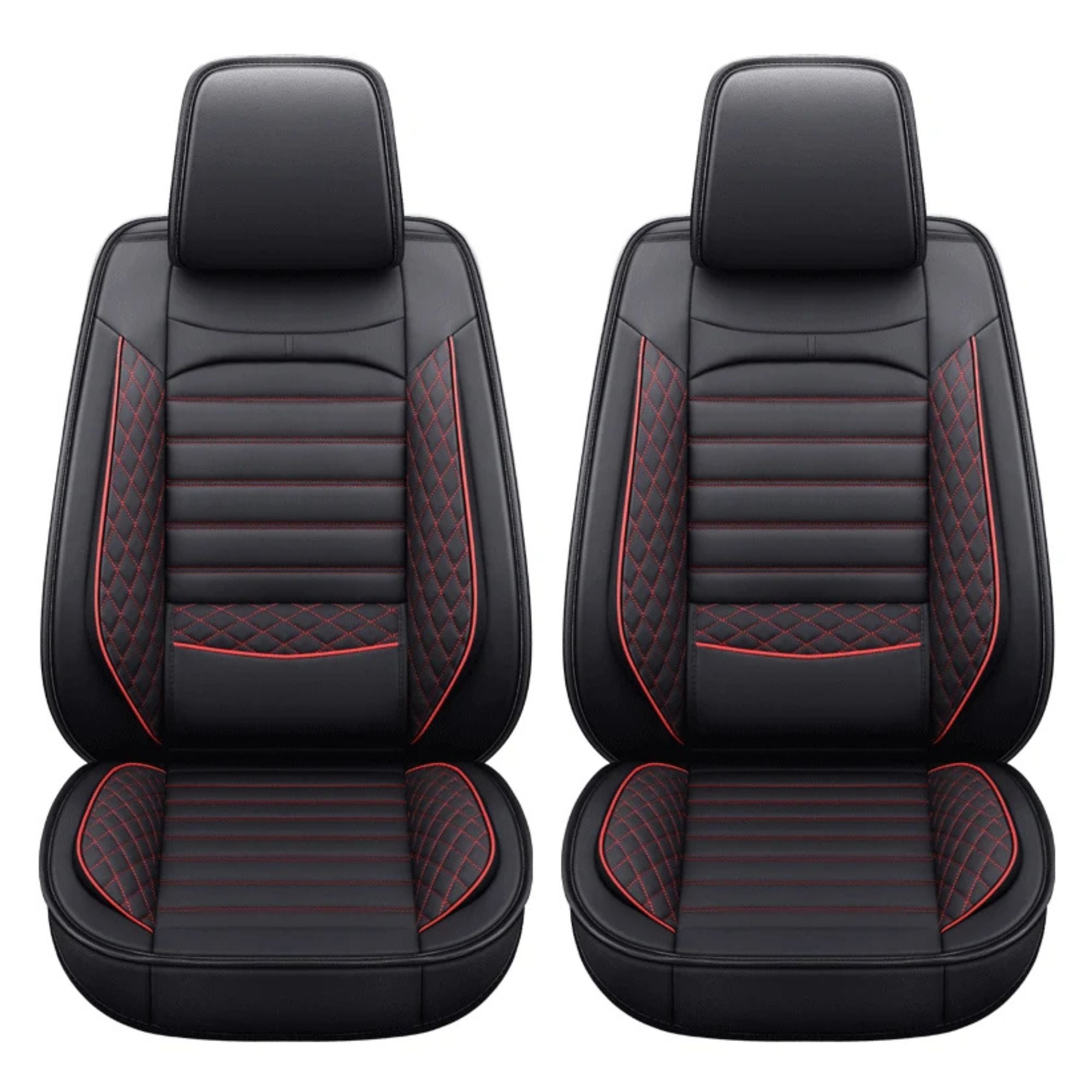 Black and red stitch Modern Ribbed Leather Car Seat Covers front pair on white background