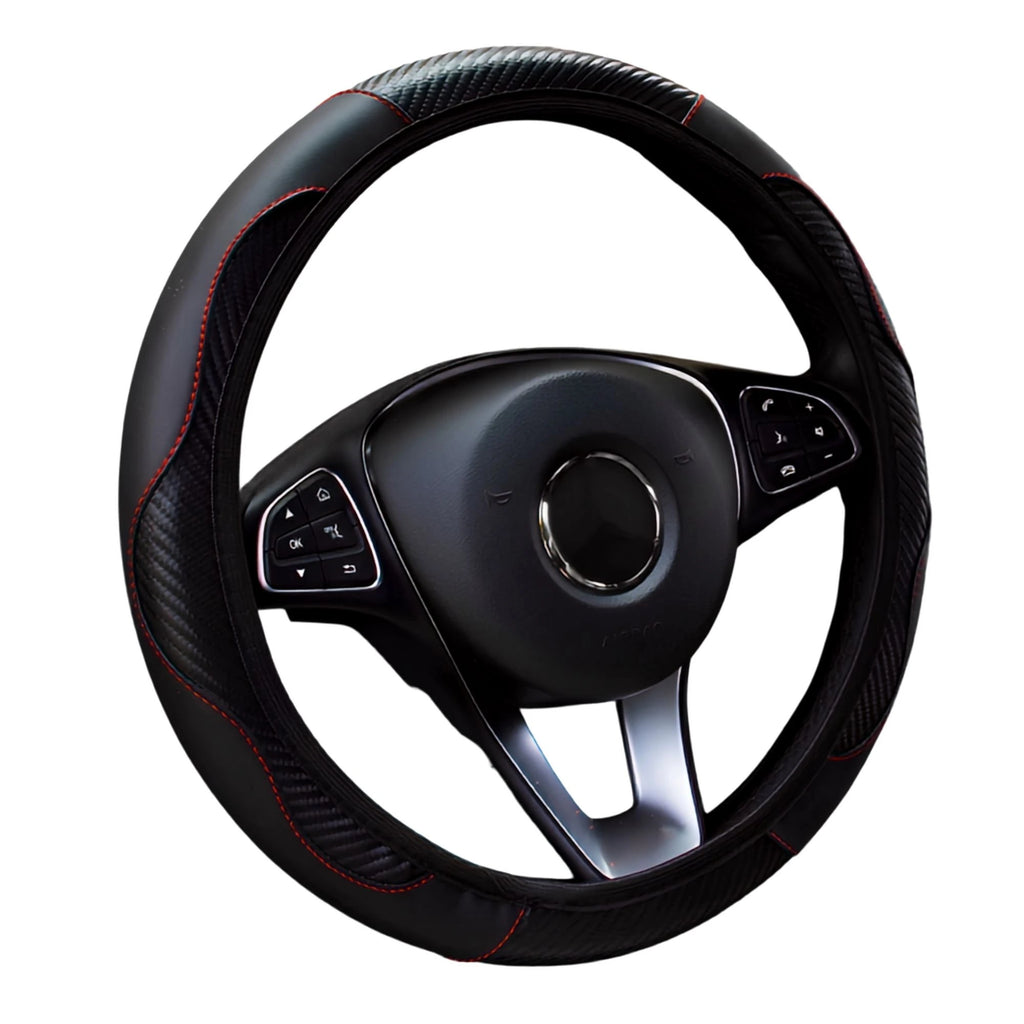 Black PU leather steering wheel cover with red stitching and carbon fibre panel on a white background