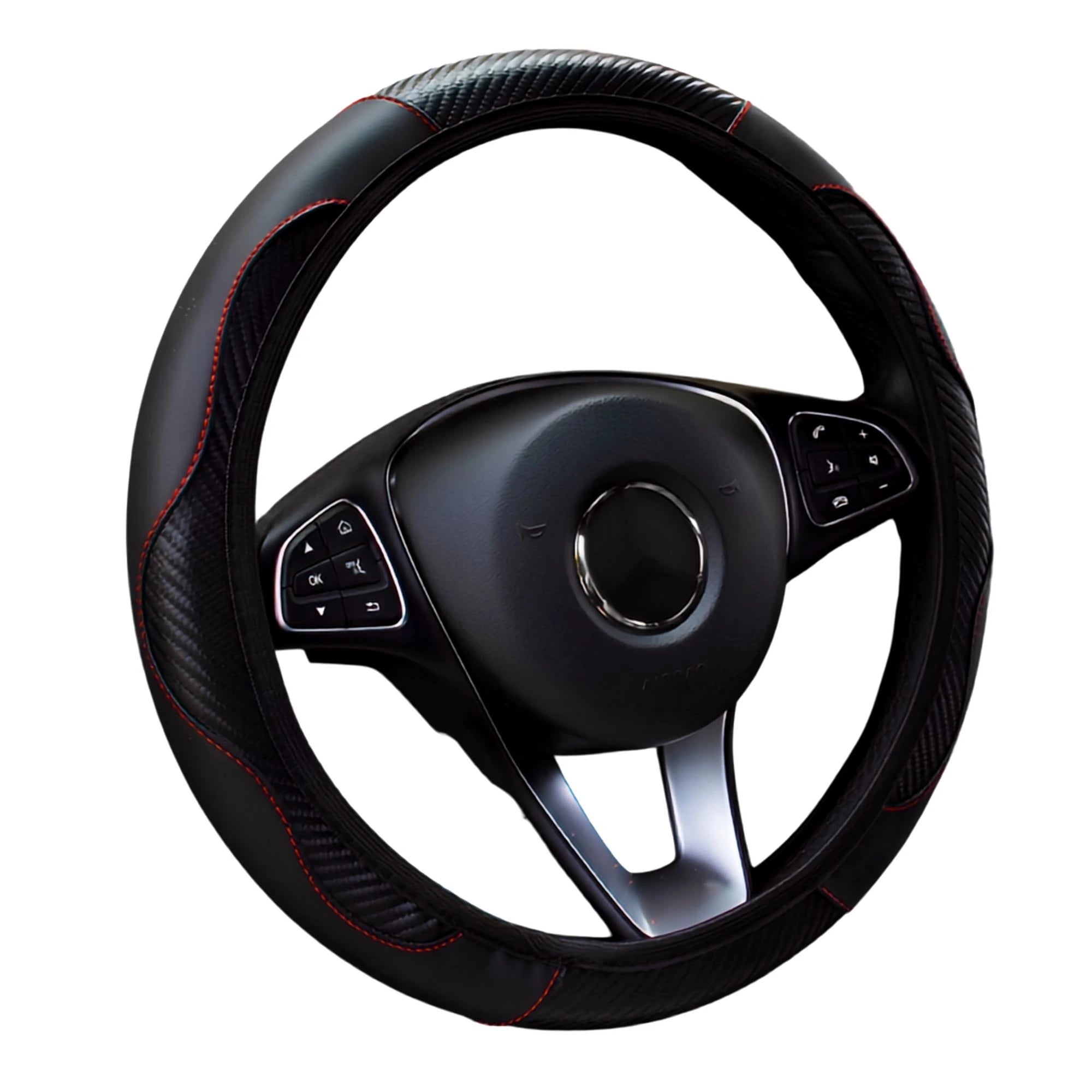 Black PU leather steering wheel cover with red stitching and carbon fibre panel on a white background
