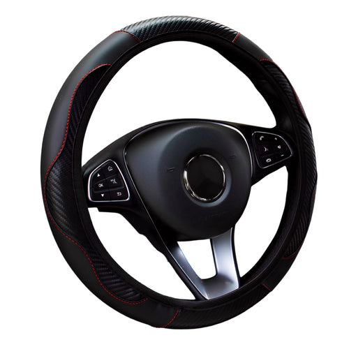 Black PU leather steering wheel cover with red stitching and carbon fibre panel on a white background
