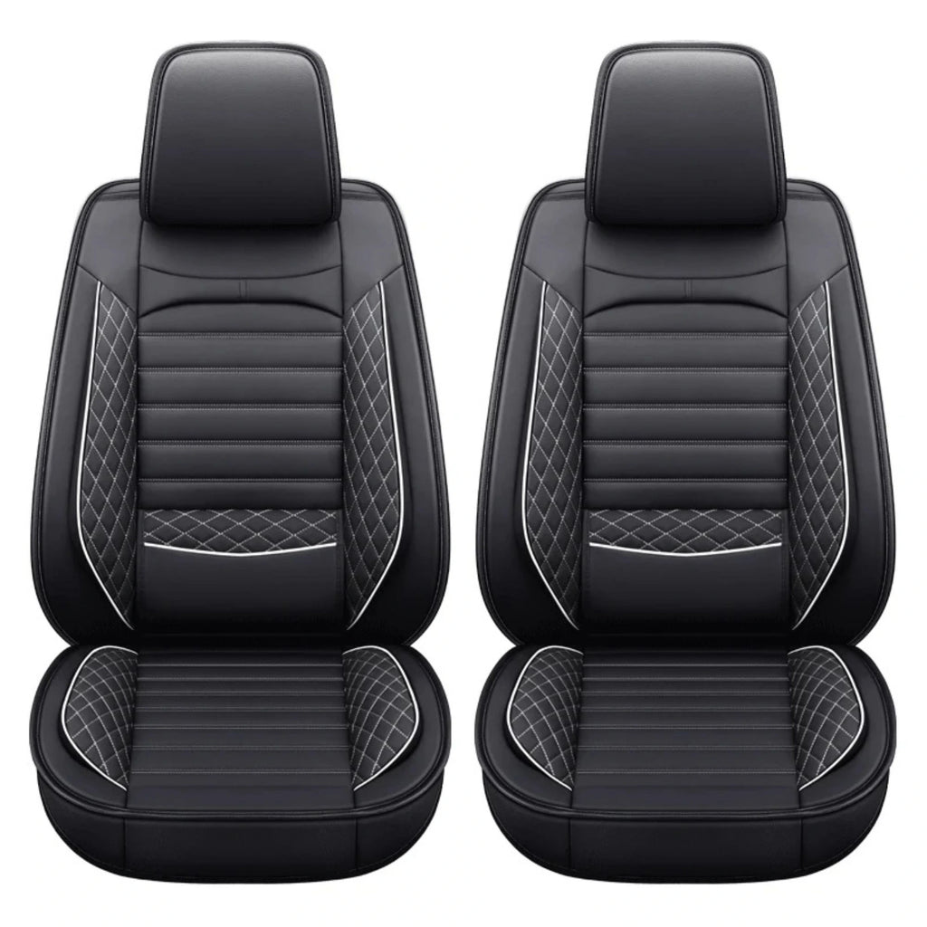 Black and white stitch Modern Ribbed Leather Car Seat Covers front pair on white background