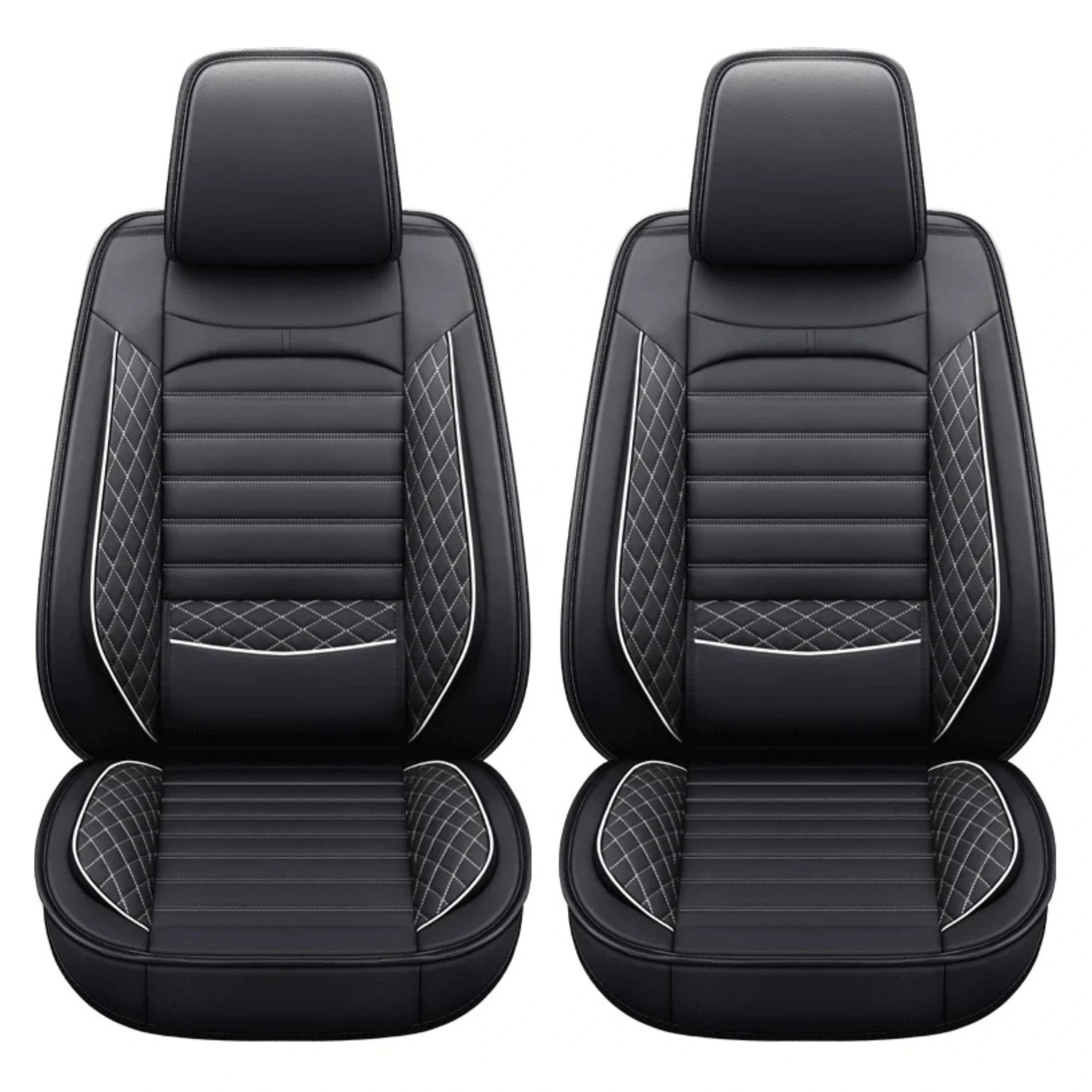 Black and white stitch Modern Ribbed Leather Car Seat Covers front pair on white background