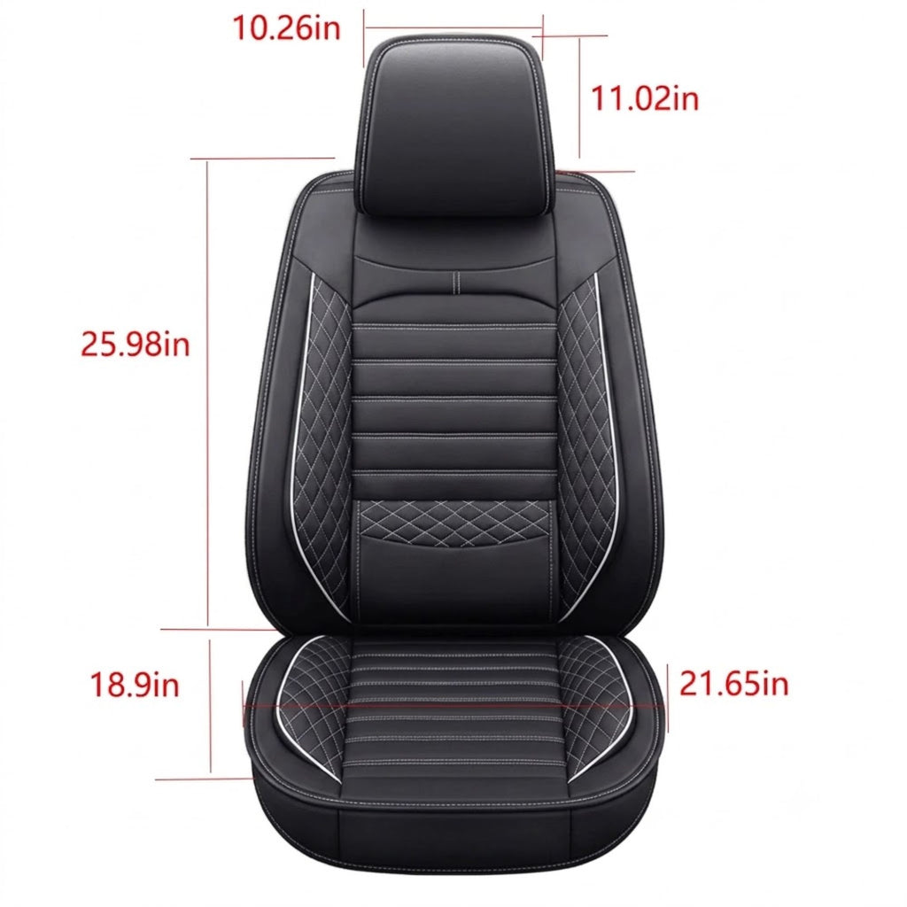 Modern Ribbed Leather Seat Cover dimension diagram listing headrest, backrest and seat base measurements in inches