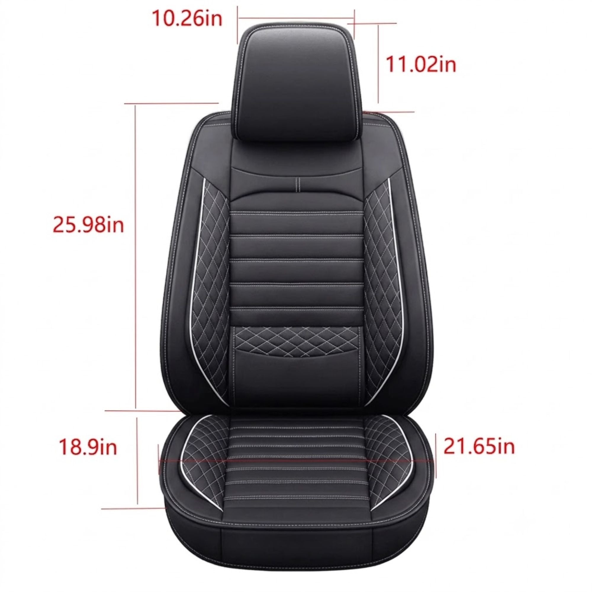 Modern Ribbed Leather Seat Cover dimension diagram listing headrest, backrest and seat base measurements in inches