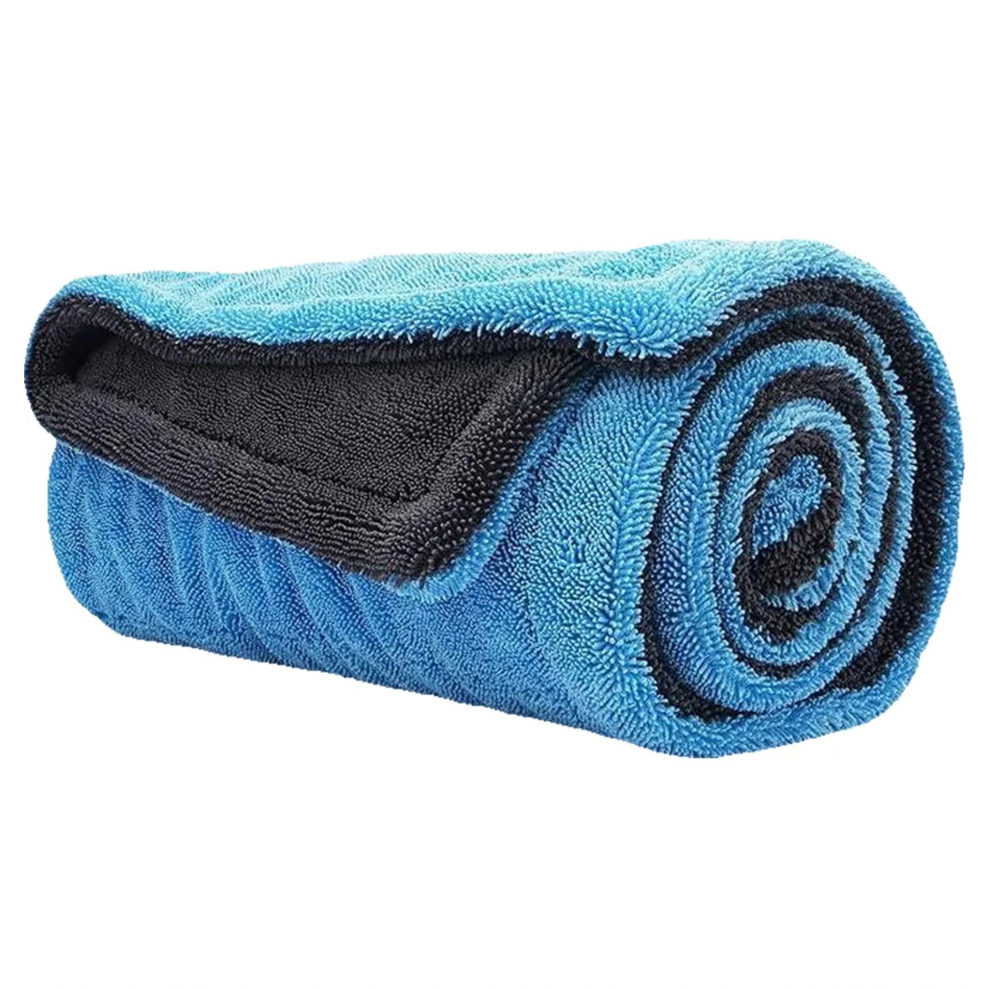 Blue and black Microfiber Car Drying Towel and Large Absorbent Detailing Cloth rolled up against a white background, showing the double-layer twisted-loop microfibre weave.