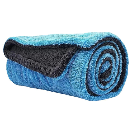 Blue and black Microfiber Car Drying Towel and Large Absorbent Detailing Cloth rolled up against a white background, showing the double-layer twisted-loop microfibre weave.