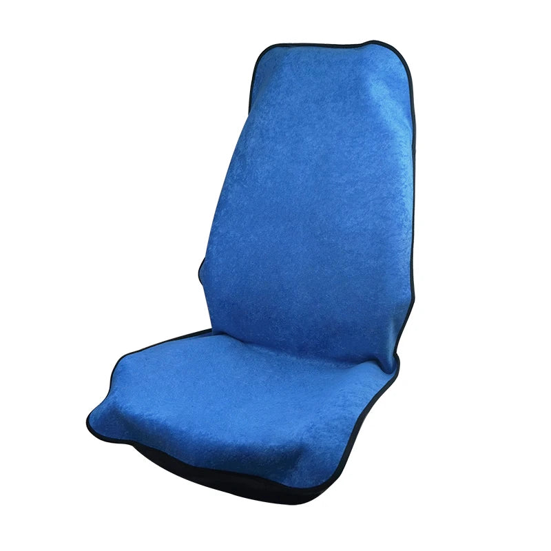 Front view of a blue sweatproof towel car seat cover on a white background.
