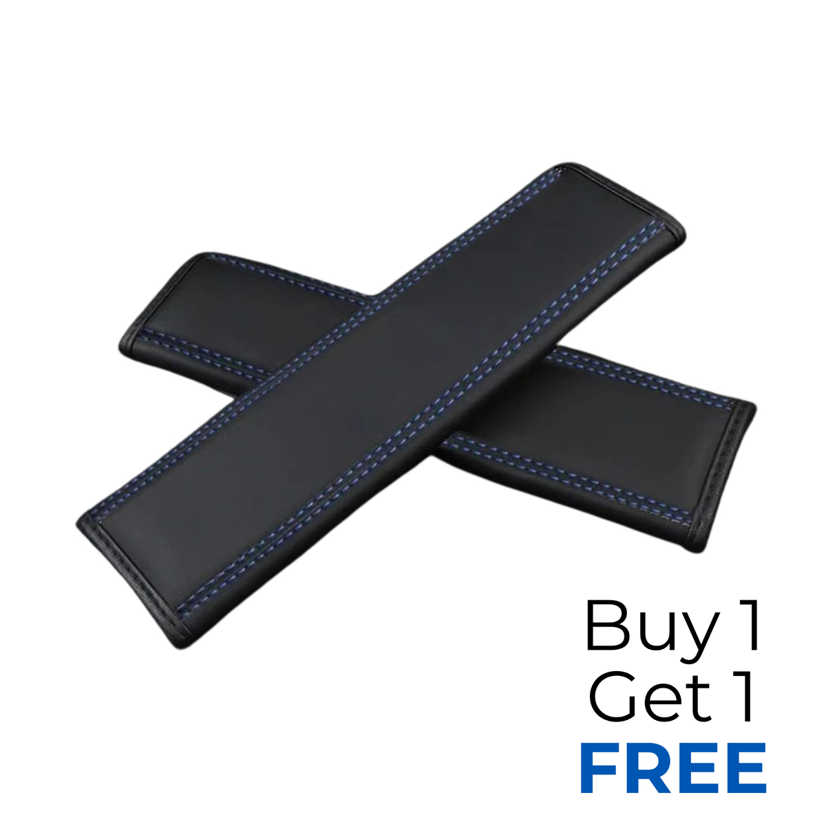 Two black car seat belt covers with blue contrast stitching, crossed over each other on a white background with a 'Buy 1 Get 1 FREE' promotional text overlay in the bottom right.