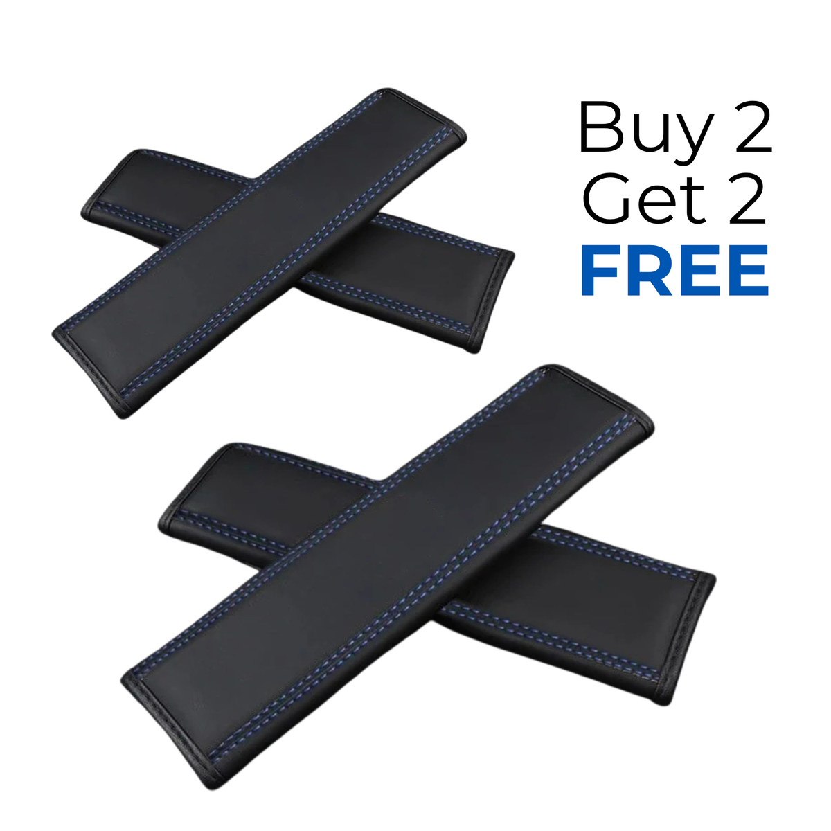Four black car seat belt covers with blue contrast stitching, arranged in two crossed pairs on a white background, with promotional text reading 'Buy 2 Get 2 FREE'.