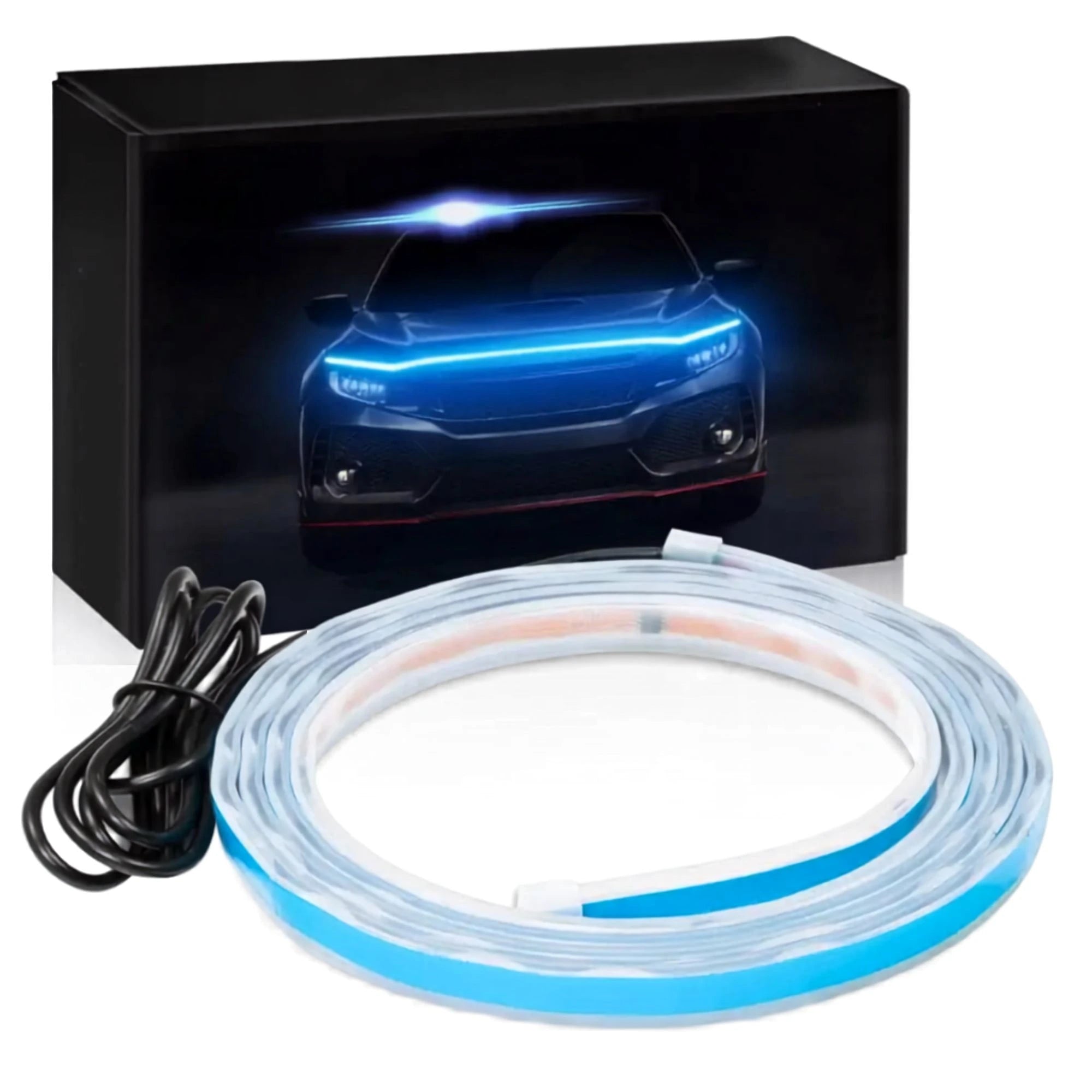 A coiled car LED light strip with a black power cable, shown in front of its black retail box featuring a car with illuminated blue LED headlights.