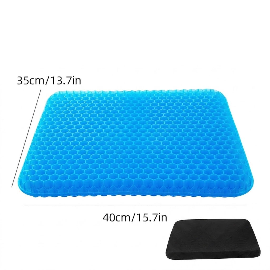 Blue honeycomb gel seat cushion with dimension markings showing 35cm by 40cm, plus a small black rectangular accessory shown below on a white background.