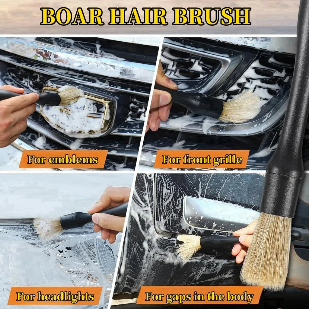 Boar hair car detailing brush being used with cleaning solution on vehicle exterior emblems, grilles, and body panel gaps.