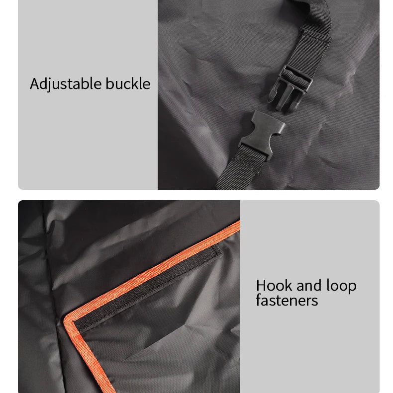 Close-up details of the adjustable headrest buckles and hook-and-loop fasteners on a vehicle cargo protector.