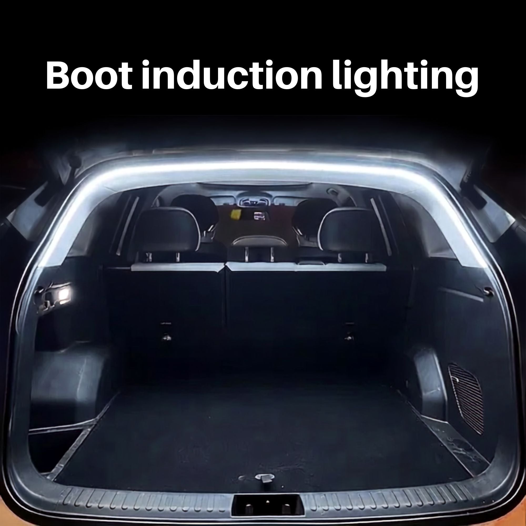 White LED boot induction light strip glowing automatically around the edge of an open car trunk at night