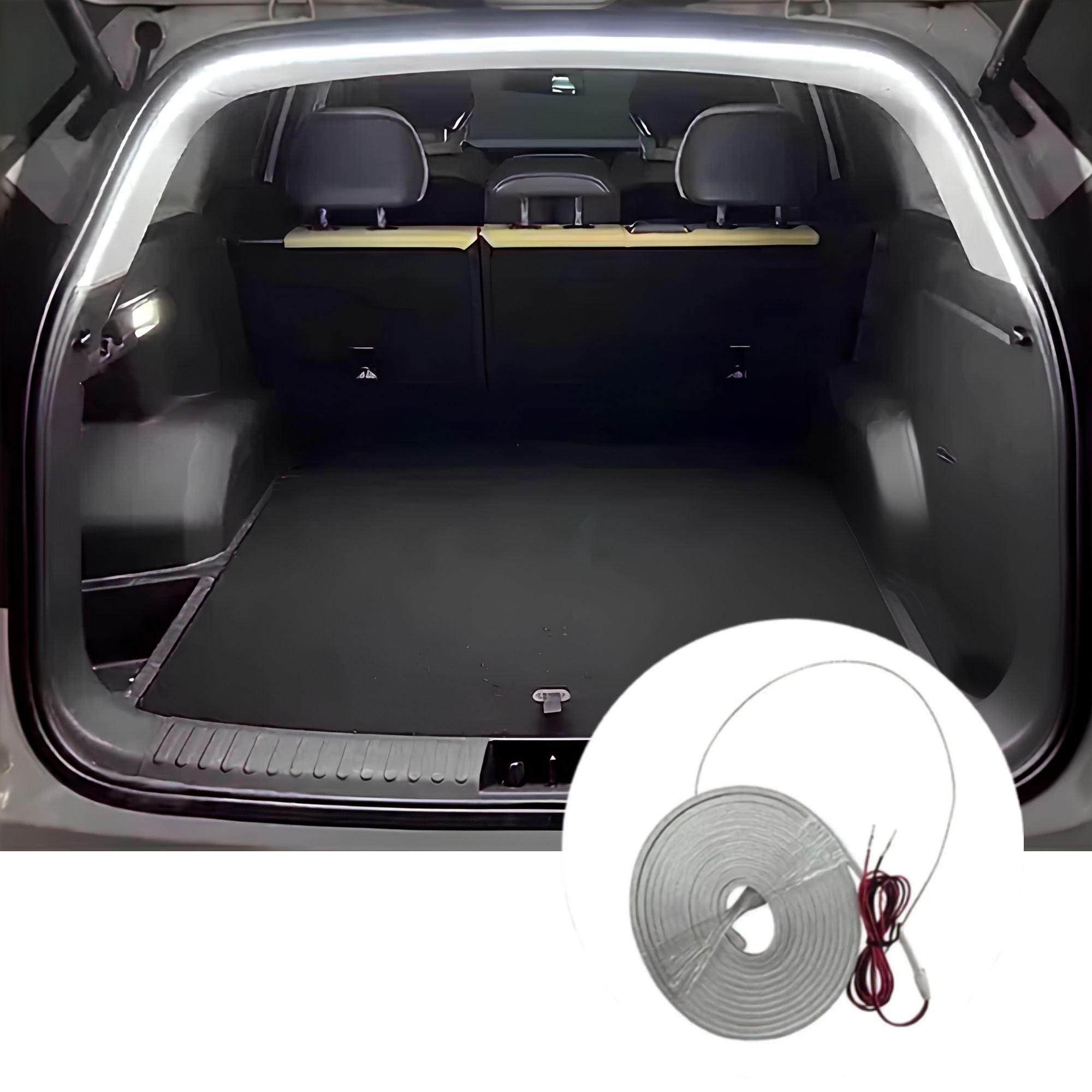 White automatic trunk LED light strip glowing around a car boot opening with a coiled length of the product shown below