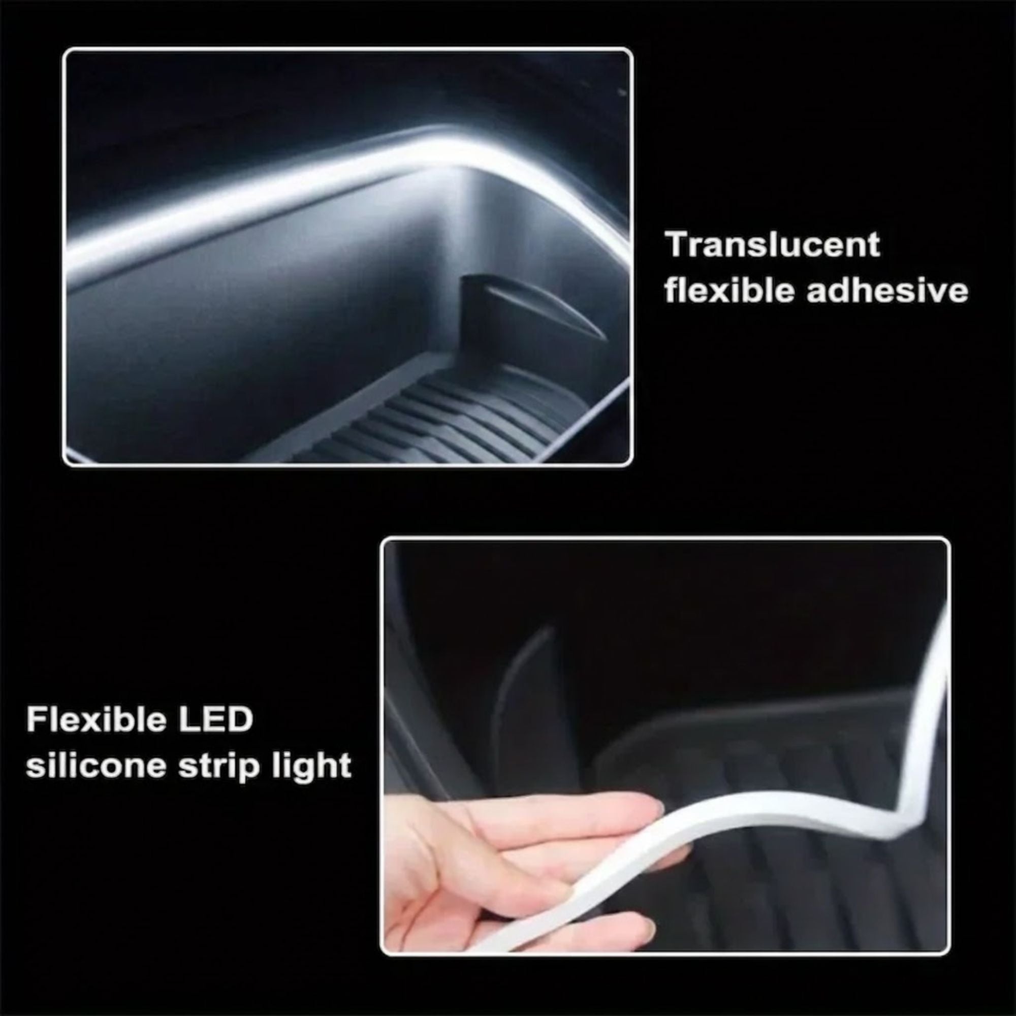 Flexible LED silicone strip light with translucent adhesive backing shown installed along a car boot interior edge