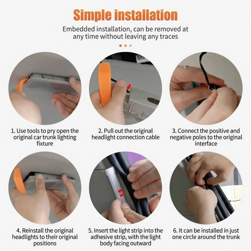 Six-step installation guide for the automatic trunk LED light strip showing tools prying open the original trunk light fixture and connecting the wiring