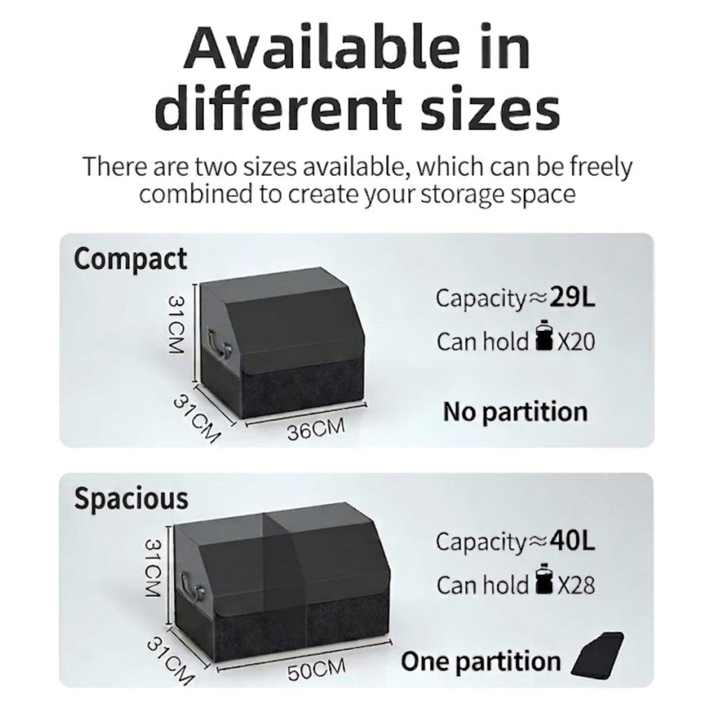 Suede Leather Boot Organiser size comparison showing Compact 29L and Spacious 40L options with capacity and dimensions