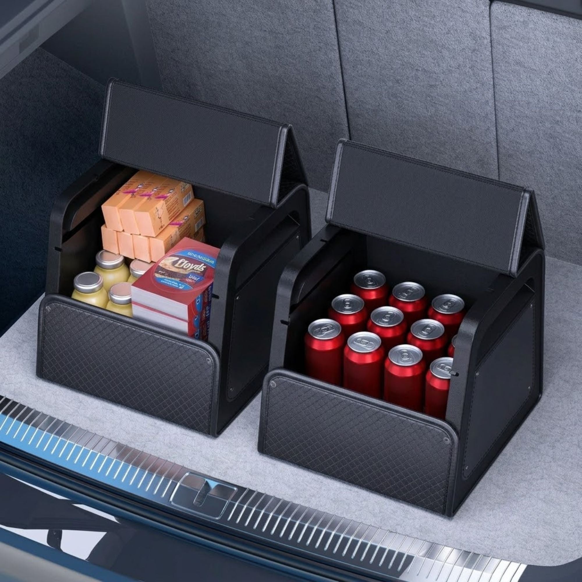 Two Magnetic Leather Boot Organisers side by side in a car boot, one filled with snacks and one with canned drinks