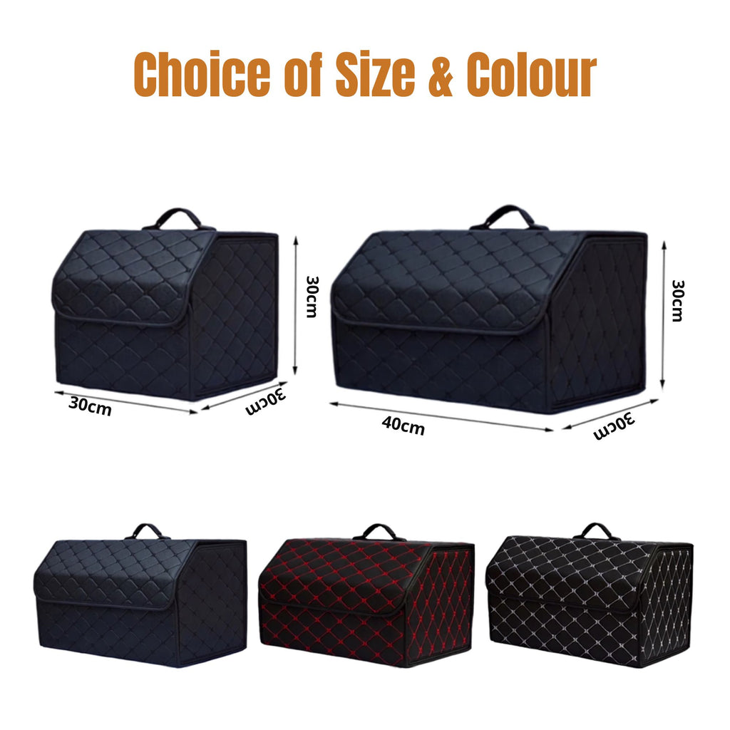 Heavy-Duty Leather Car Boot Organiser shown in 30cm and 40cm sizes across black, red-stitched and gold-stitched colour options