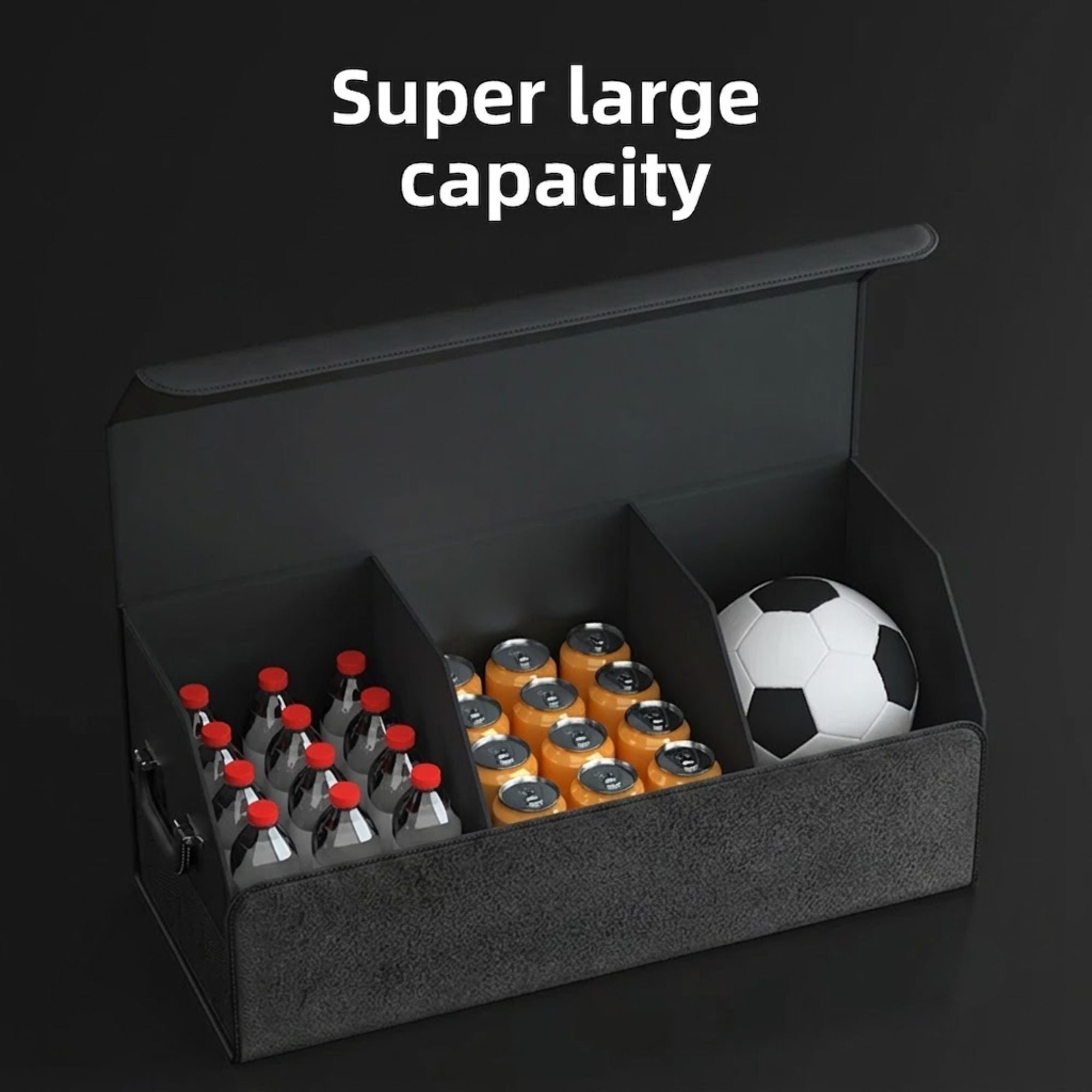 Suede Leather Boot Organiser with super large capacity holding water bottles, drink cans and a soccer ball
