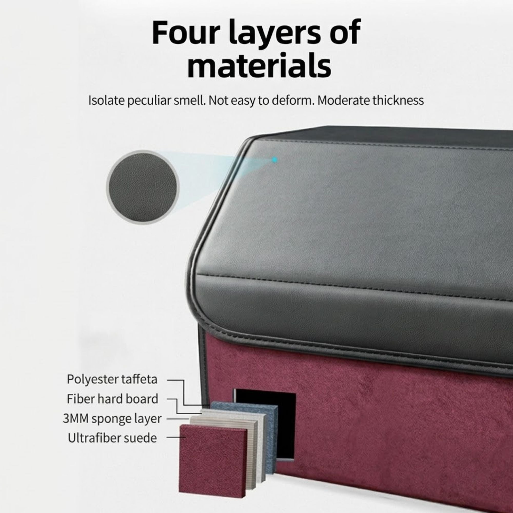 Suede Leather Boot Organiser four layers of material construction showing polyester taffeta, fibre hard board, 3mm sponge layer and ultrafibre suede