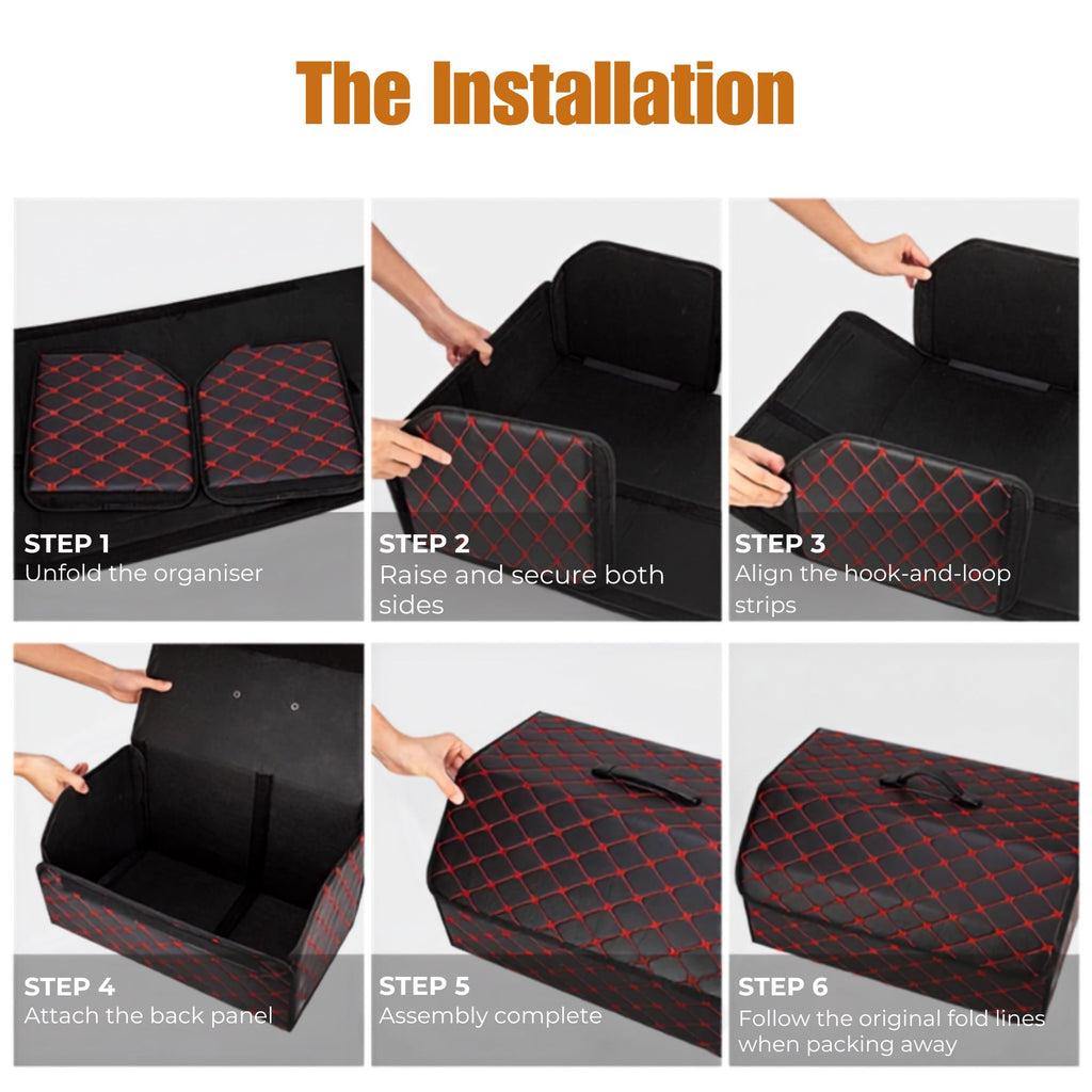 Step-by-step installation guide for assembling the Heavy-Duty Leather Car Boot Organiser trunk storage box