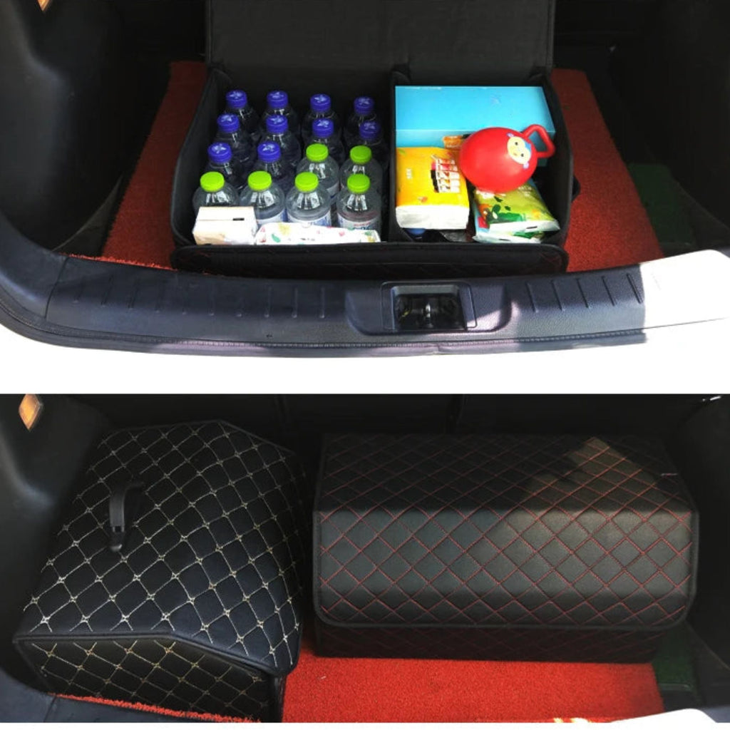 Heavy-Duty Leather Car Boot Organiser filled with drink bottles and household items inside a car boot