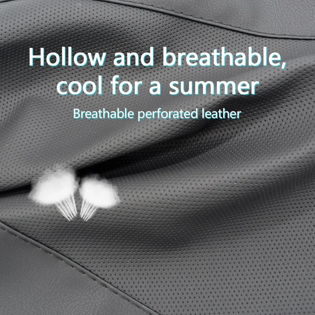 Close-up view of the 3D breathable perforated leather exterior of the car support pillow.