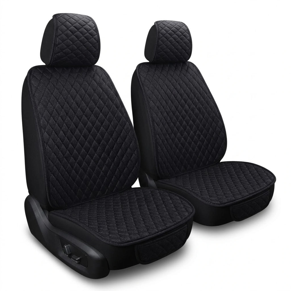 Black breathable linen car seat covers featuring a diamond-quilted design for front driver and passenger seats on a white background.