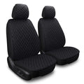 Black breathable linen car seat covers featuring a diamond-quilted design for front driver and passenger seats on a white background.