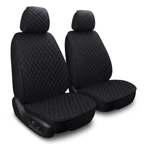 Black breathable linen car seat covers featuring a diamond-quilted design for front driver and passenger seats on a white background.