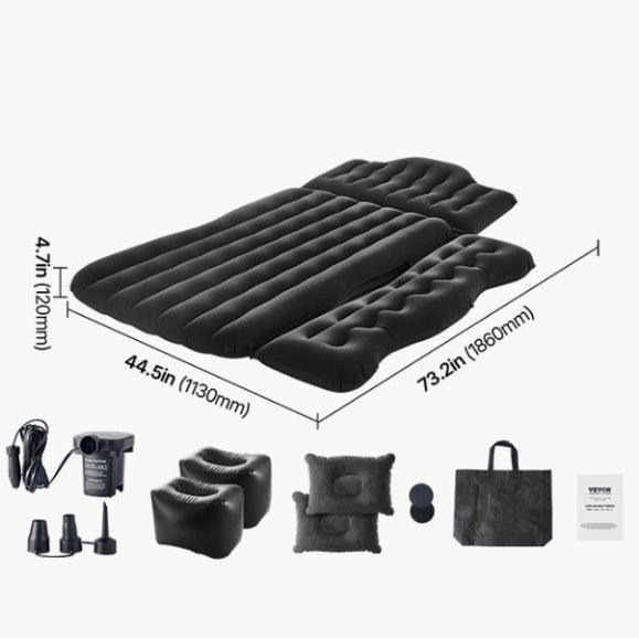 Back Seat Air Mattress dimension diagram showing 1860 mm length, 1130 mm width and 120 mm height, with included pump, supports, pillows and bag