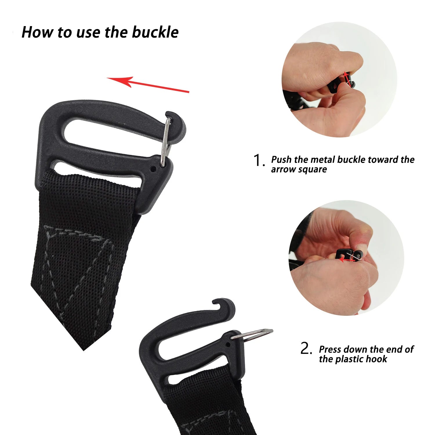 Close-up diagram showing the operation of the tension buckles used to securely attach the awning tarp to the vehicle mounting points.