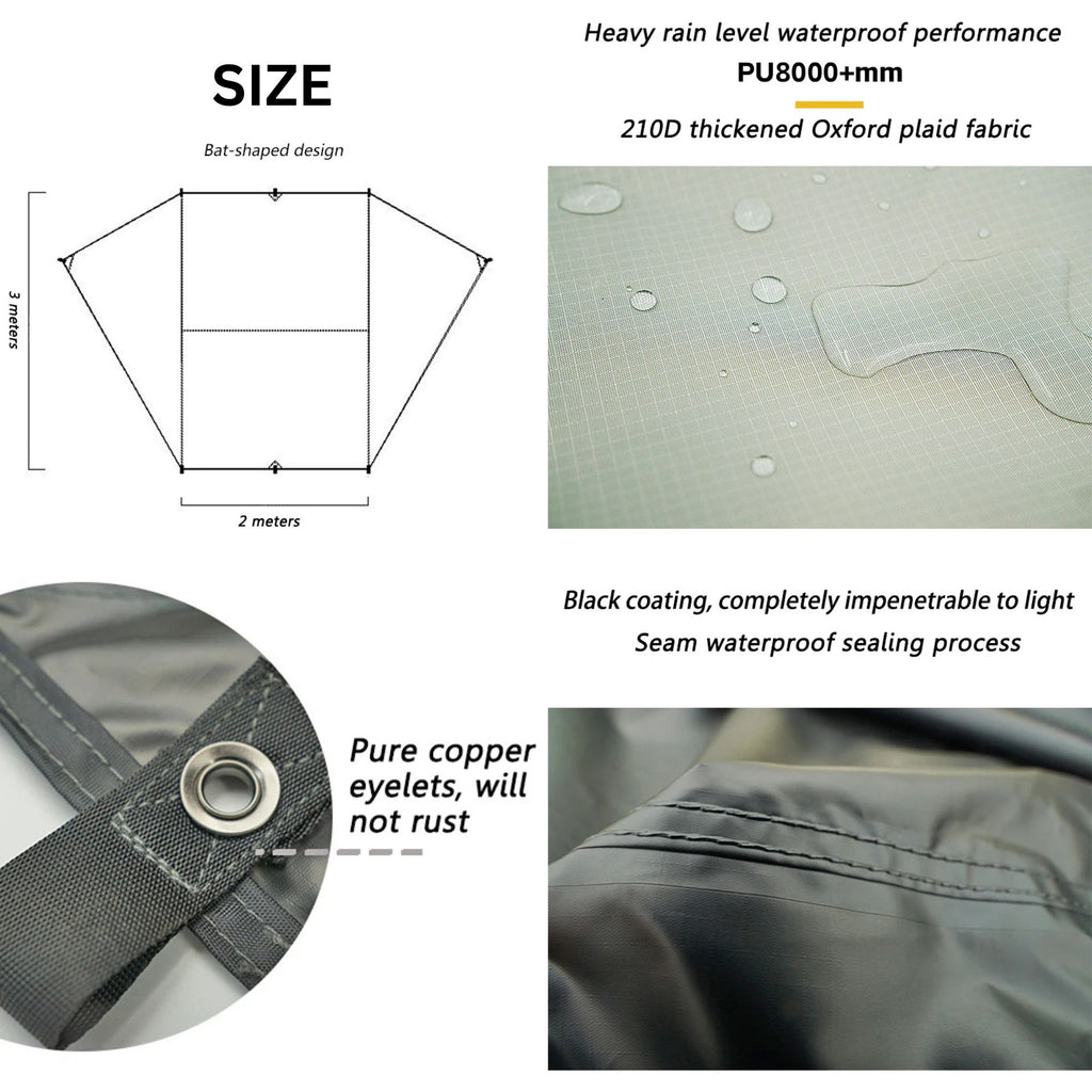 Technical specifications of the car side awning detailing the PU8000mm waterproof fabric, triple-layer black coating, and rust-resistant pure copper eyelets.