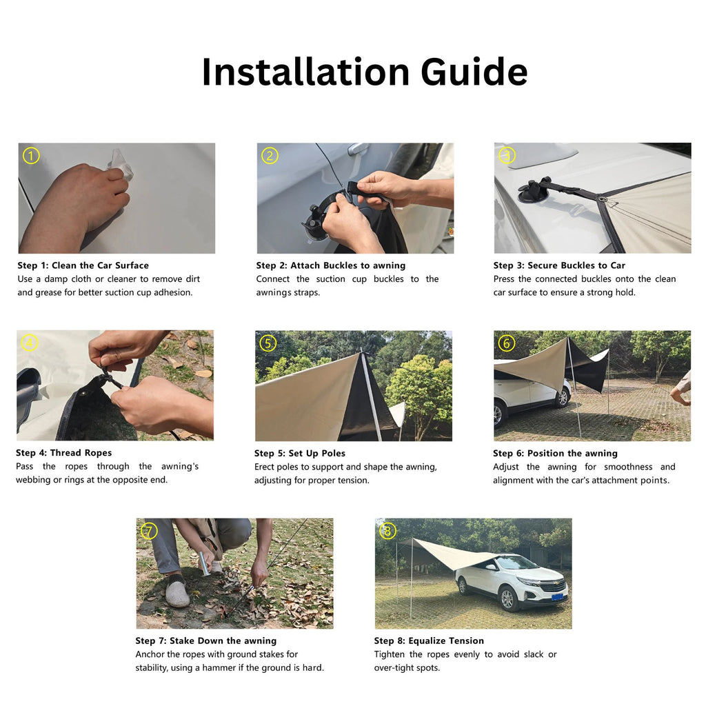 Step-by-step installation guide demonstrating how to attach the car side awning to the vehicle using the damage-free suction cup anchors.