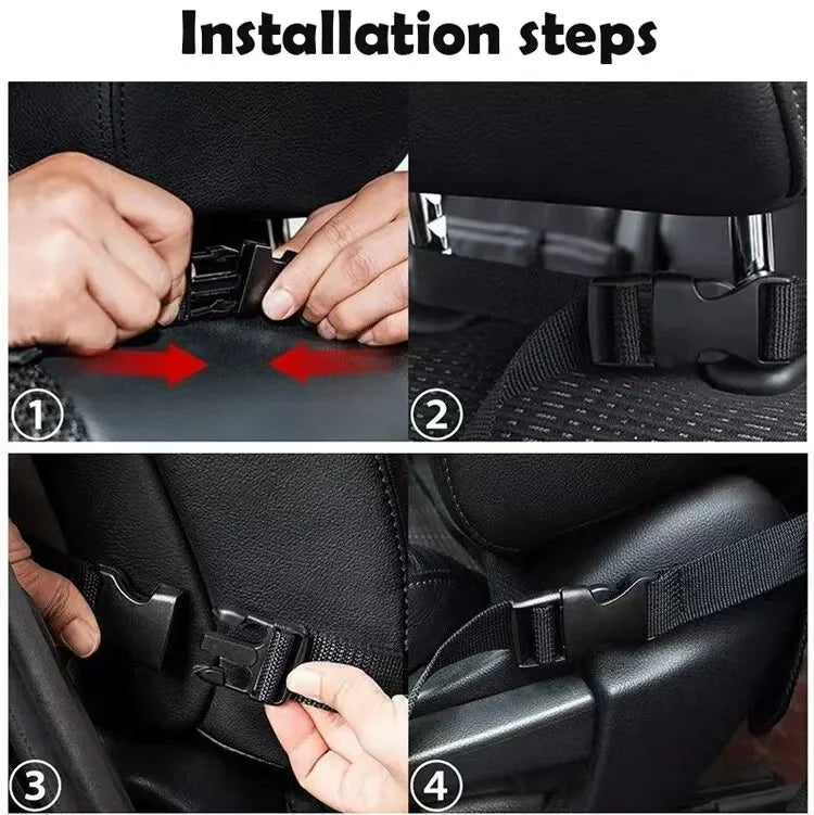 Four-panel instructional guide demonstrating the installation process of the car organiser using the adjustable buckle straps around the seat headrest and base.