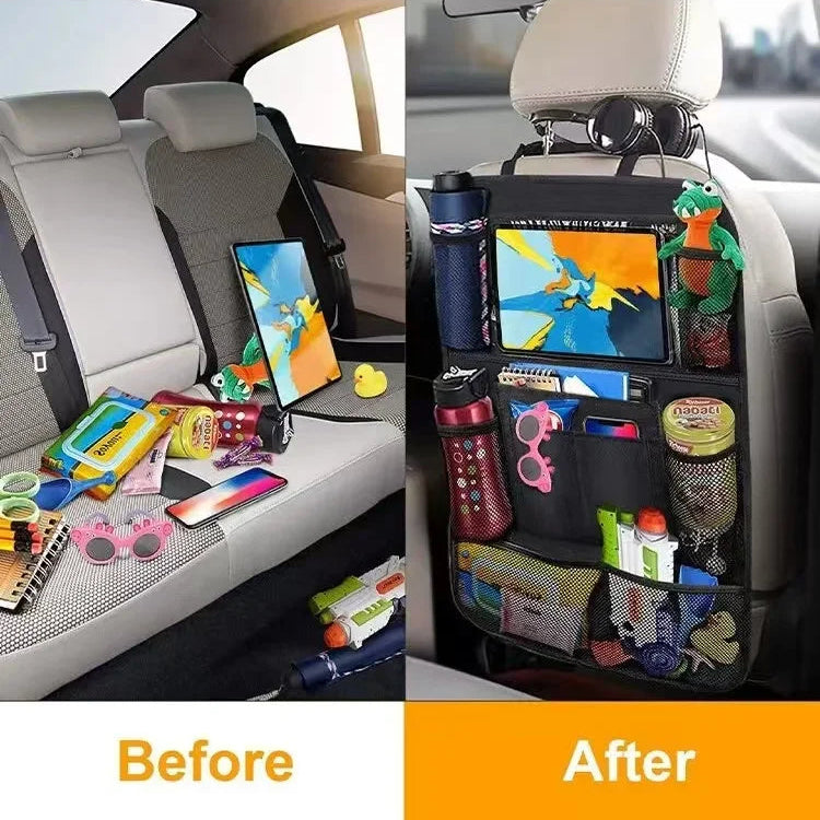 Split-screen comparison showing a cluttered vehicle backseat before use, and the same items stored systematically inside the backseat organiser after installation.