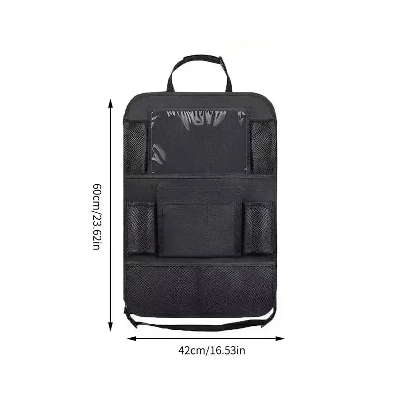 Dimensional schematic of the black car backseat organiser indicating a height of 60 centimetres and a width of 42 centimetres.
