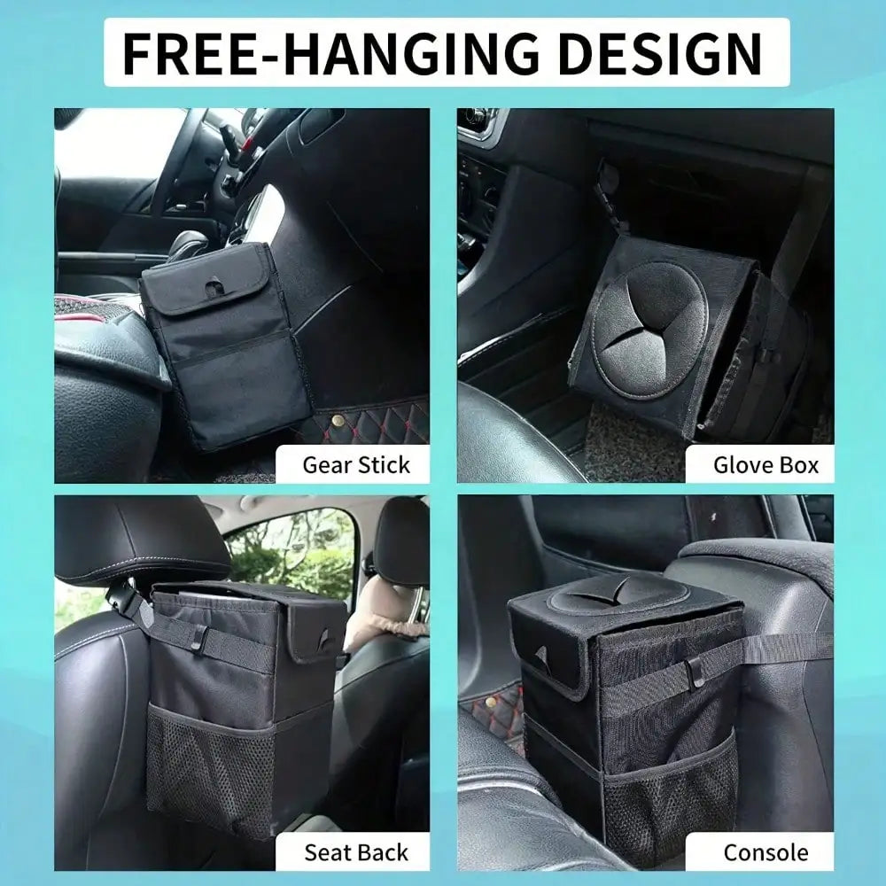 Collage demonstrating the car rubbish bin mounted on a gear stick, glove box, seat back, and vehicle centre console.