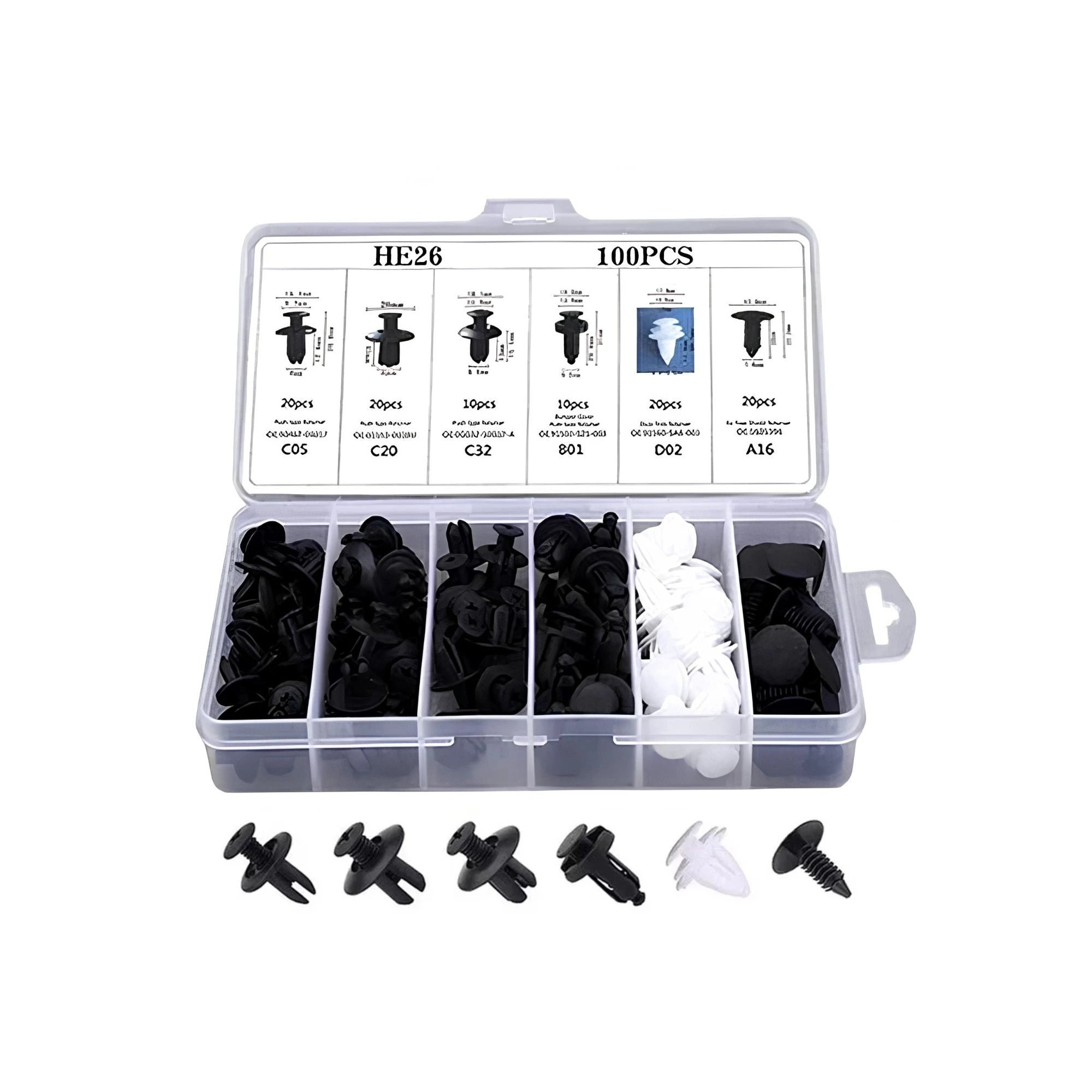 Multi-purpose car body fastener clip 100-piece set in a compartmentalised clear storage box on a white background.