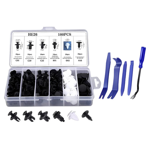 Multi-purpose car body fastener clip 100-piece set and blue trim removal pry tools in a clear storage box on a white background.