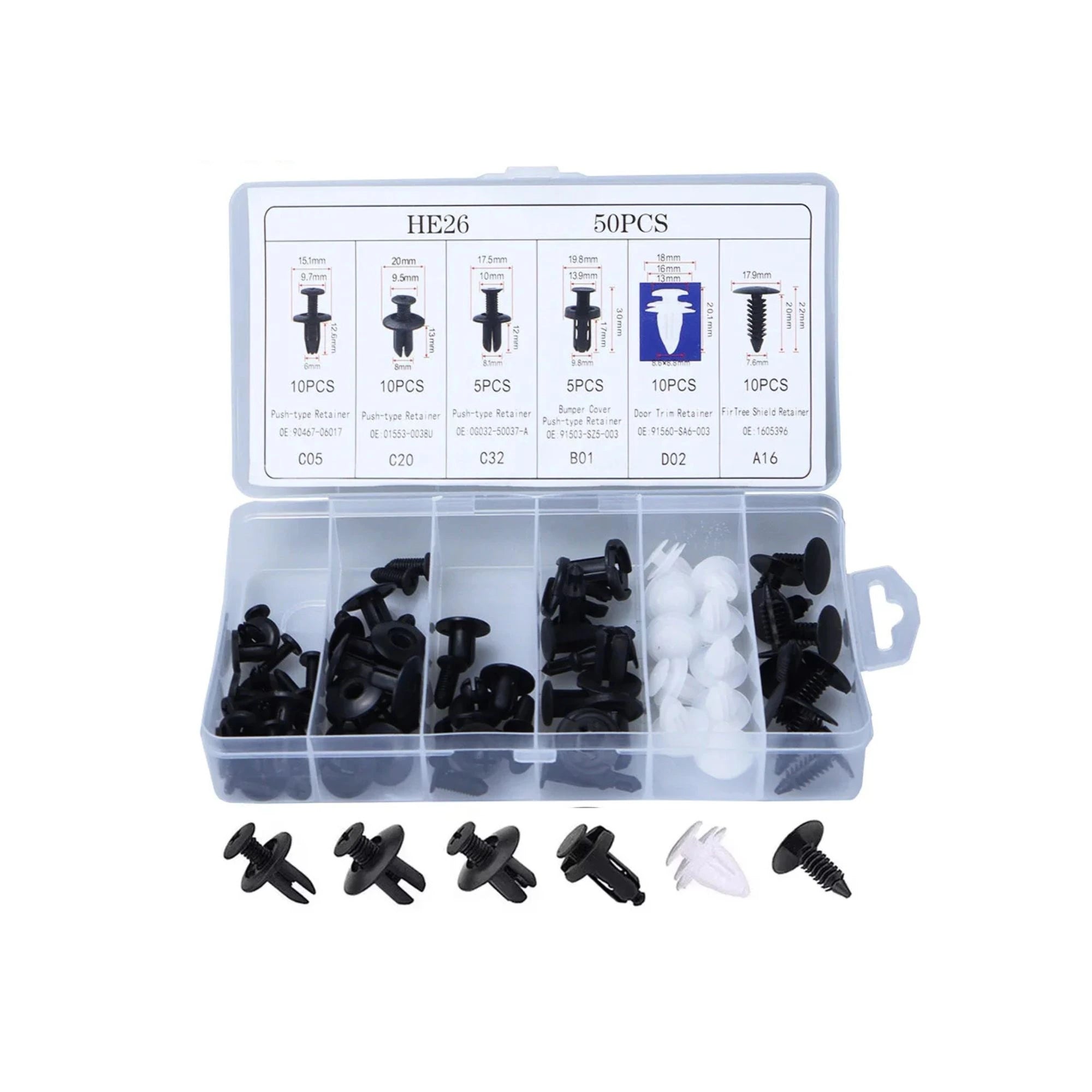 Multi-purpose car body fastener clip 50-piece set in a compartmentalised clear storage box on a white background.