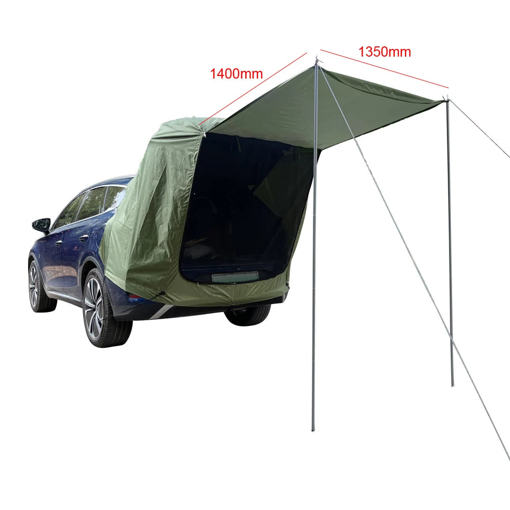 Diagram illustrating the assembled dimensions and structural layout of the car boot awning tent attached to the rear of an SUV.