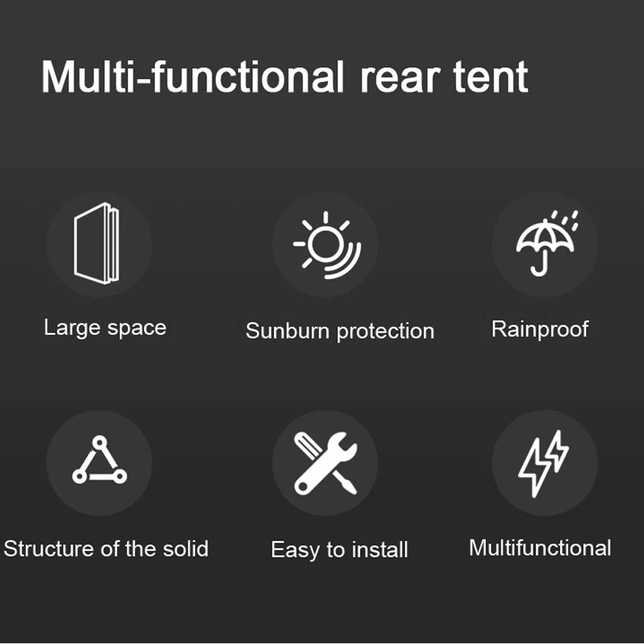 Visual summary panel listing the core functional features of the car boot tent, including sun protection, rain resistance, and structural stability.