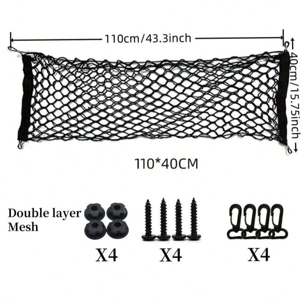 A technical diagram detailing the unstretched 110 centimetre by 40 centimetre dimensions and hardware inclusions of the double-layer boot mesh net.