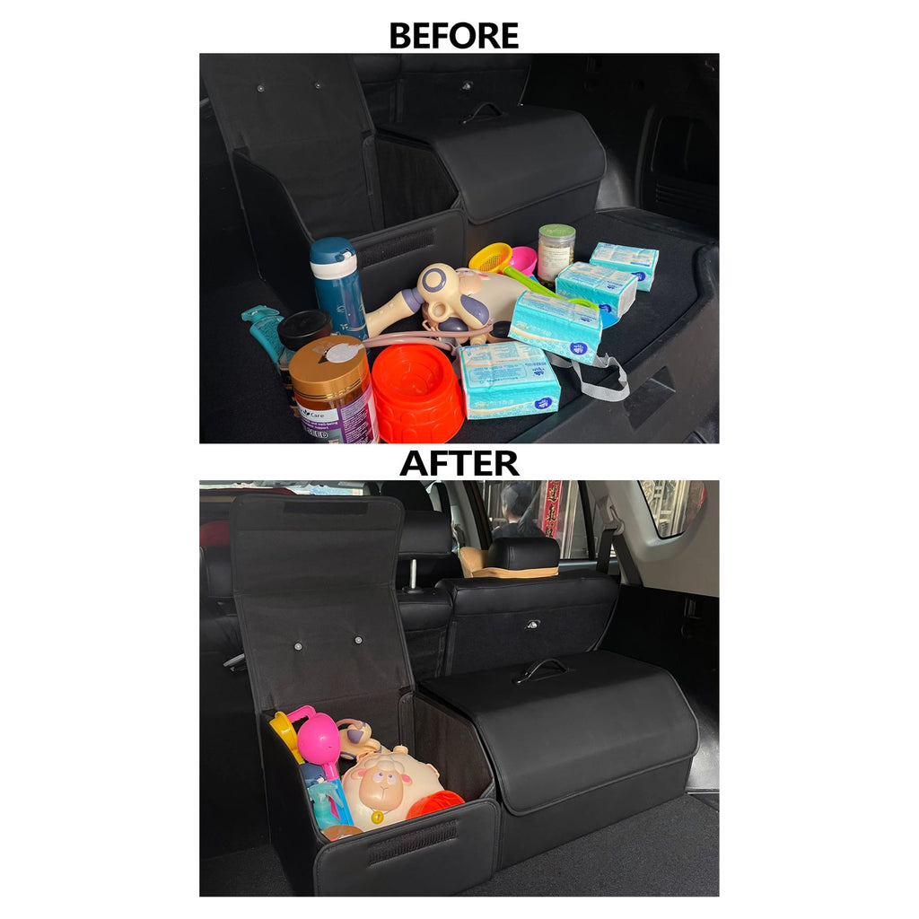 Before and after comparison demonstrating a messy, cluttered car boot transformed into a neat, organised space using black leather storage boxes.